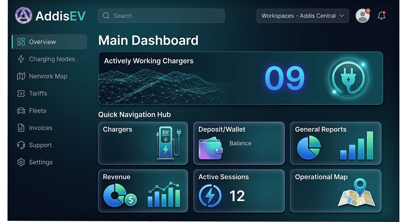 AddisEV operator dashboard showing charger status and sessions