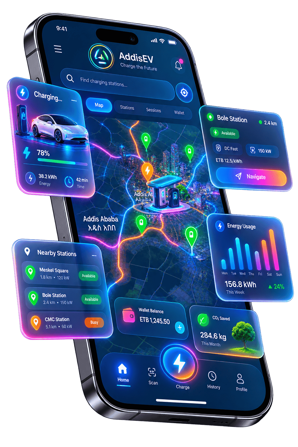 AddisEV mobile app showing registration screen and map with charging station pins